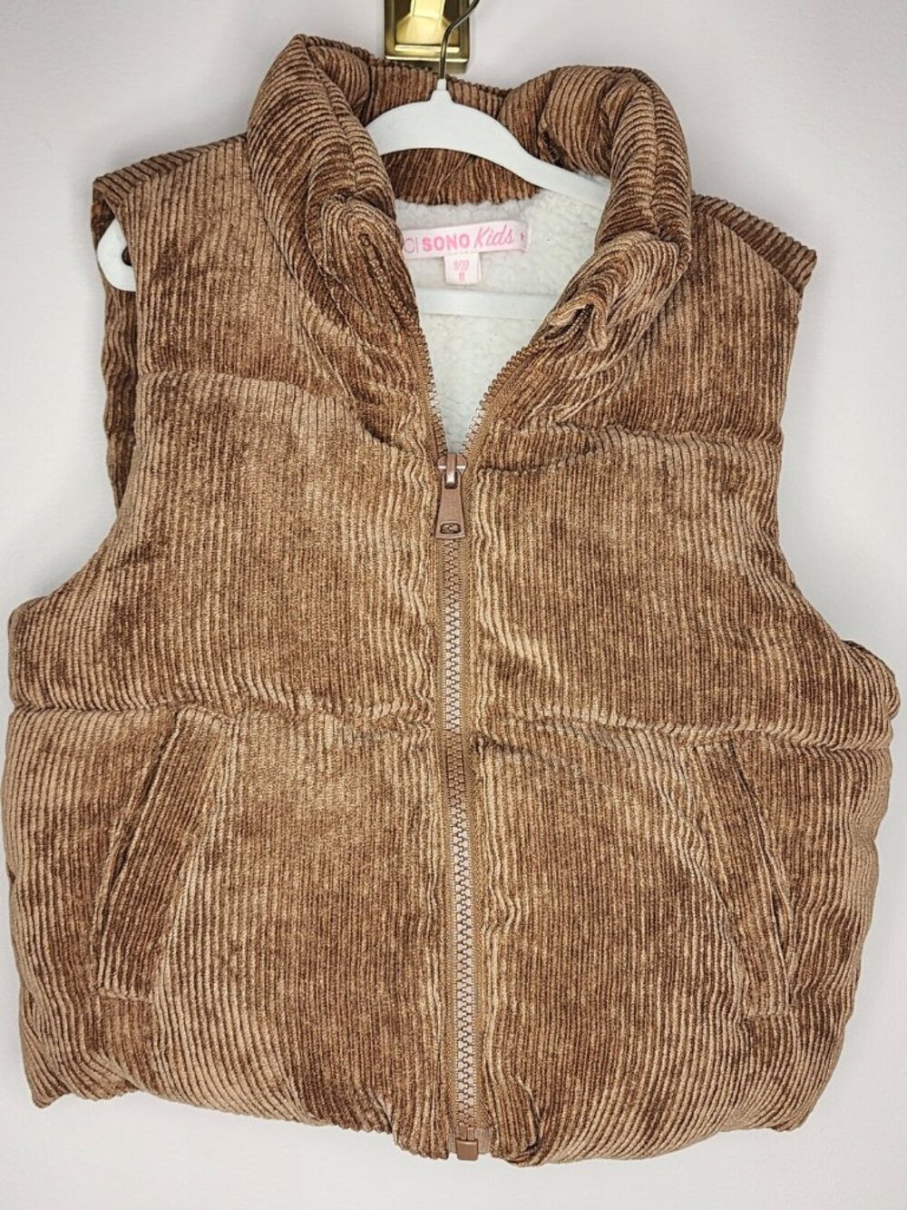 Ci Sono kids Corduroy Puffer Vest — Cognac, Girls Size M (9/10) | Sherpa Lined